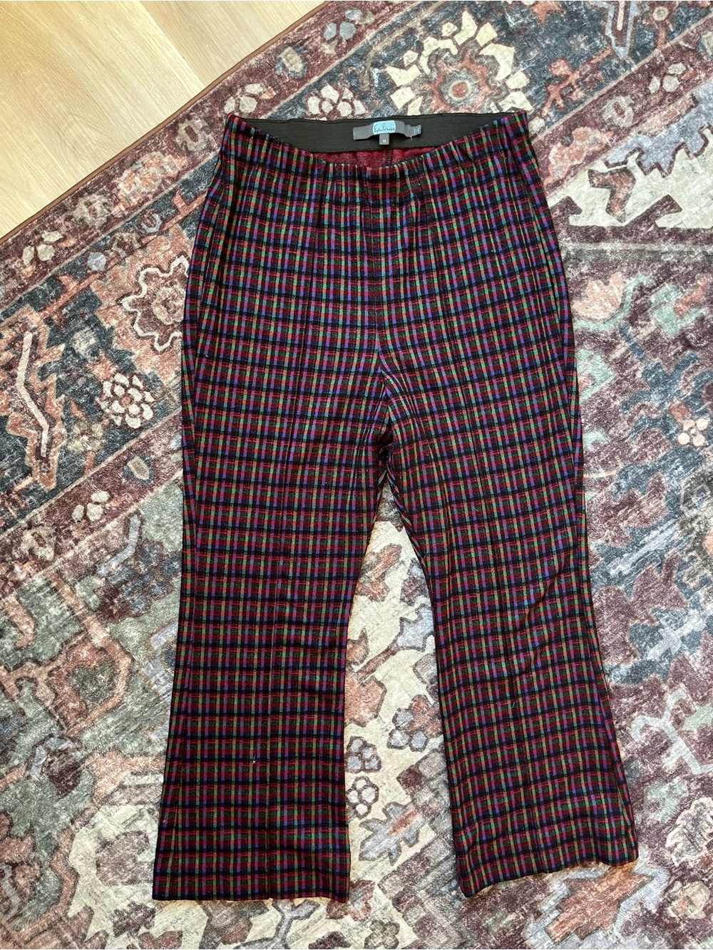 Women’s Vintage Flare Pants Eva Franco Plaid Stretch Pants M elastic waist